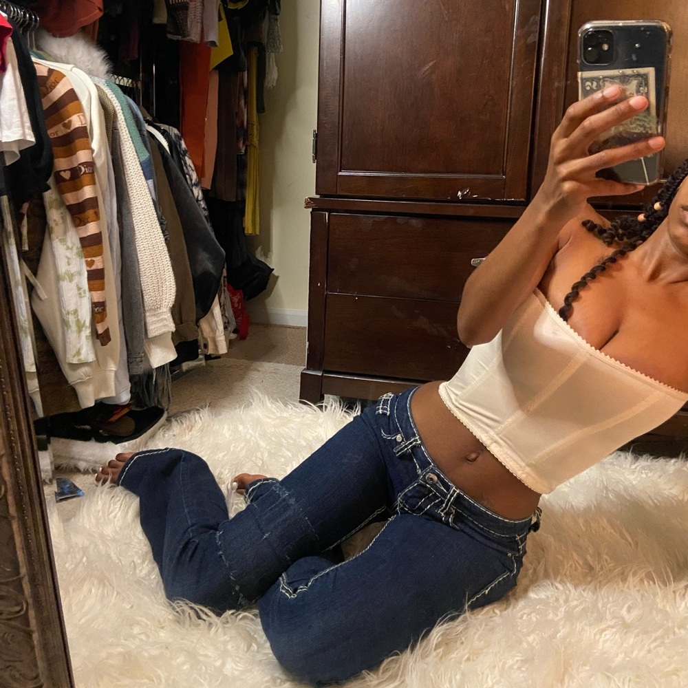 Blue asphalt low rise contrast stitch jeans